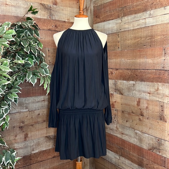 RAMY BROOK Black Cold Shoulder Long Sleeve Ruched Drop Waist Mini Dress - Picture 1 of 13